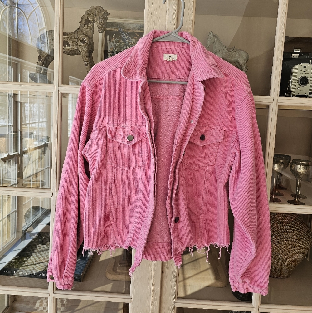 POL Corduroy Trucker Ribbed Jacket Raw Hem Barbie Pink - Picture 2 of 9